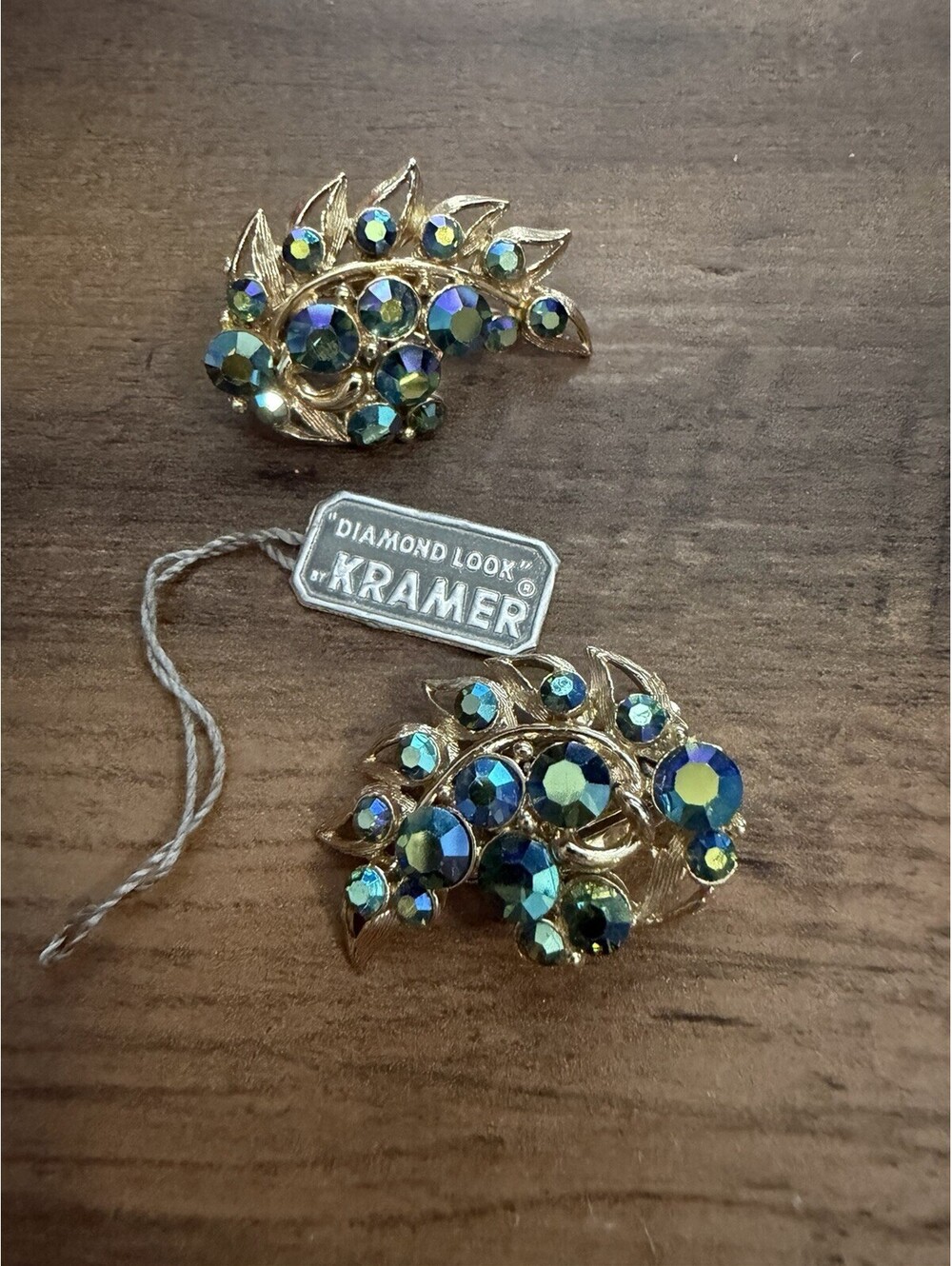 Vintage Kramer of NY Blue AB Colored Rhinestone Clip on Earrings Gold Tone